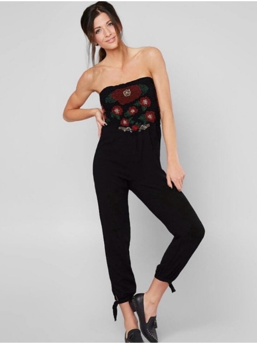 Free People Black Strapless Floral Embroidered Jumpsuit
